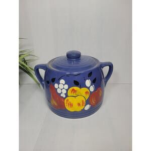 Vintage Stoneware Bean Pot Cookie Jar, Blue w Cold Paint Fruit Double Handle Lid